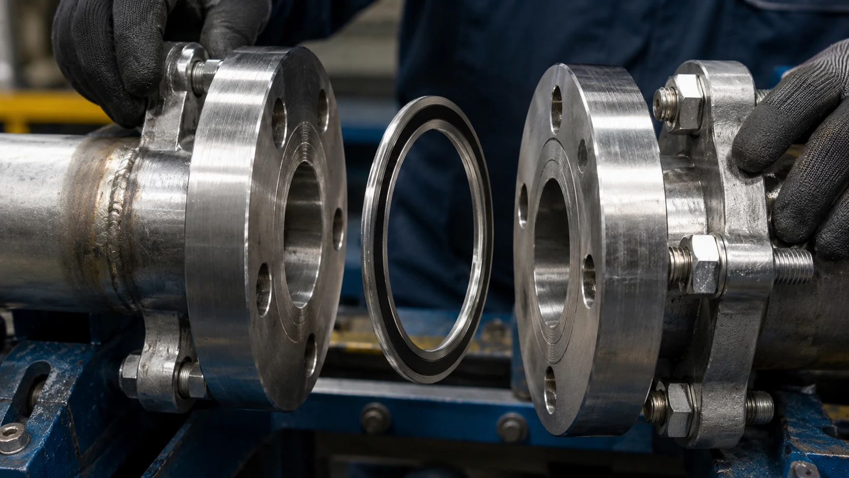 Cross-sectional view of a joint structure in which two flange sealing surfaces clamp a central gasket