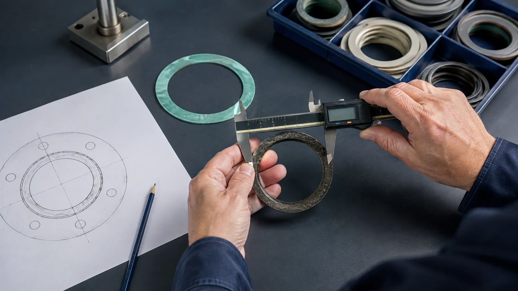 Technicians used a vernier caliper to measure the old flange gasket and cross-referenced it with the 2D drawings.