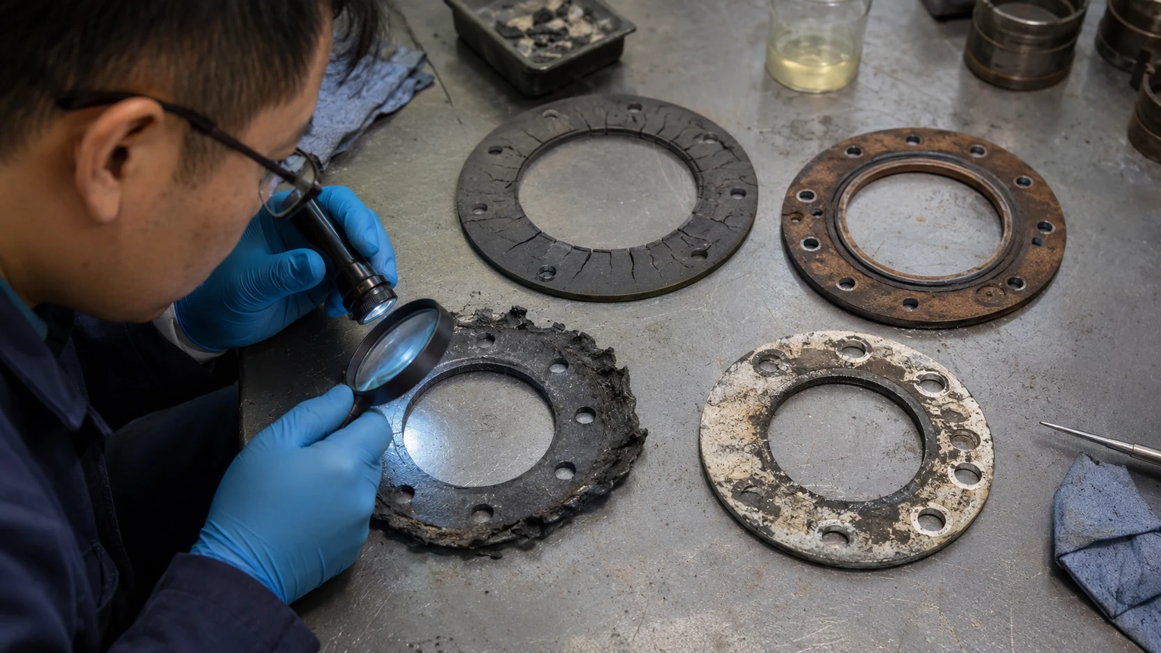 Schematic Illustrations of Four Types of Failure in Flange Gaskets: Cracking, Eccentric Extrusion, and Localized Corrosion